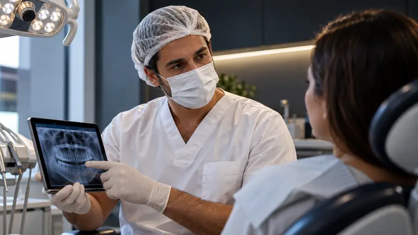 Dentista mostrando uma radiografia no tablet para a paciente
